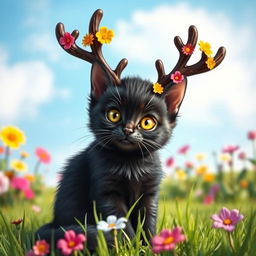A cute little black cat with large, playful antlers, looking curiously at the viewer