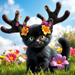 A cute little black cat with large, playful antlers, looking curiously at the viewer