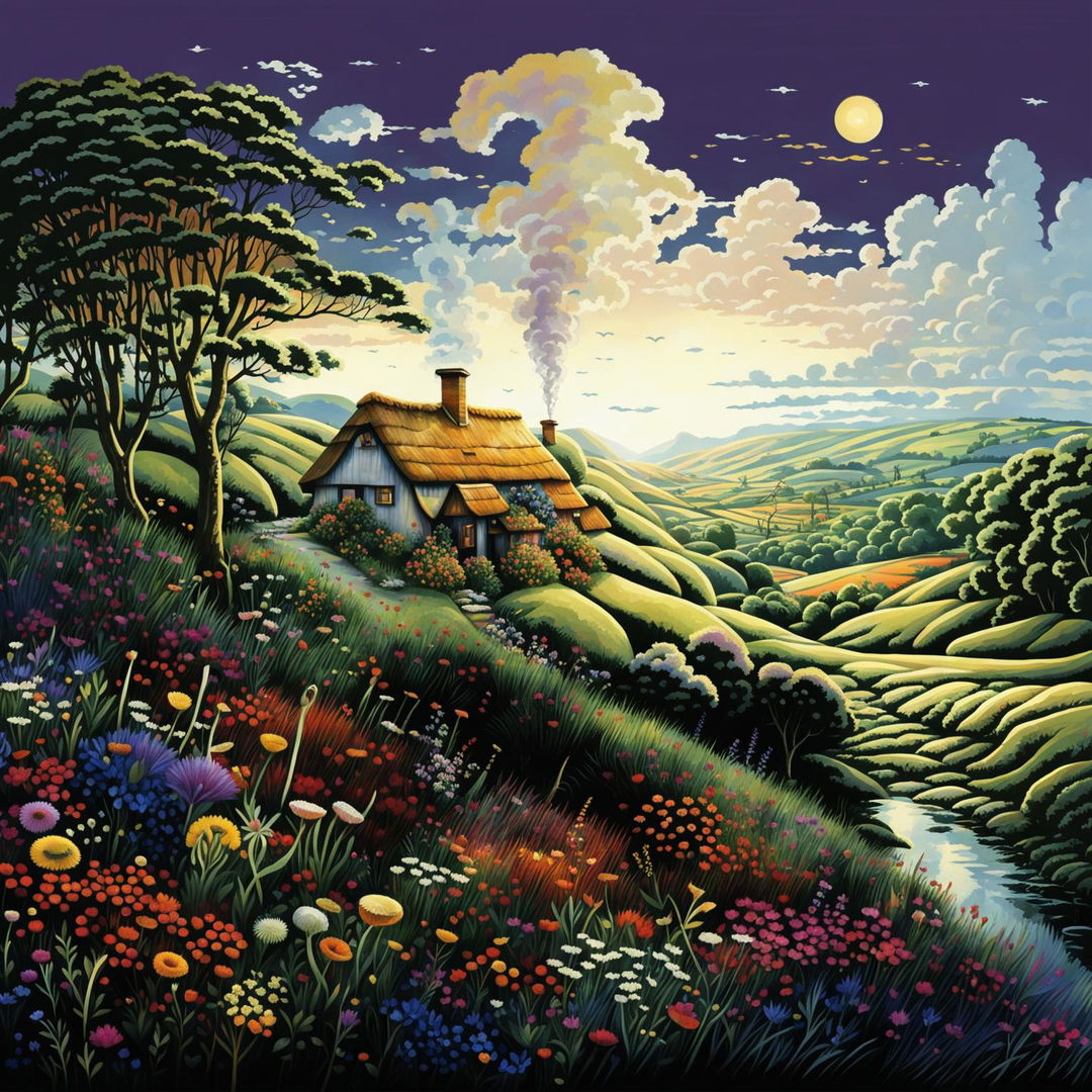 A digital art piece depicting a tranquil countryside scene with rolling hills, fields of wildflowers, and a quaint cottage nestled among the trees