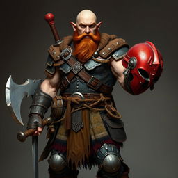 A full-length portrait of a bald, extremely muscular and stocky elf with a 3-day beard and slightly tanned skin