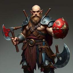 A full-length portrait of a bald, extremely muscular and stocky elf with a 3-day beard and slightly tanned skin