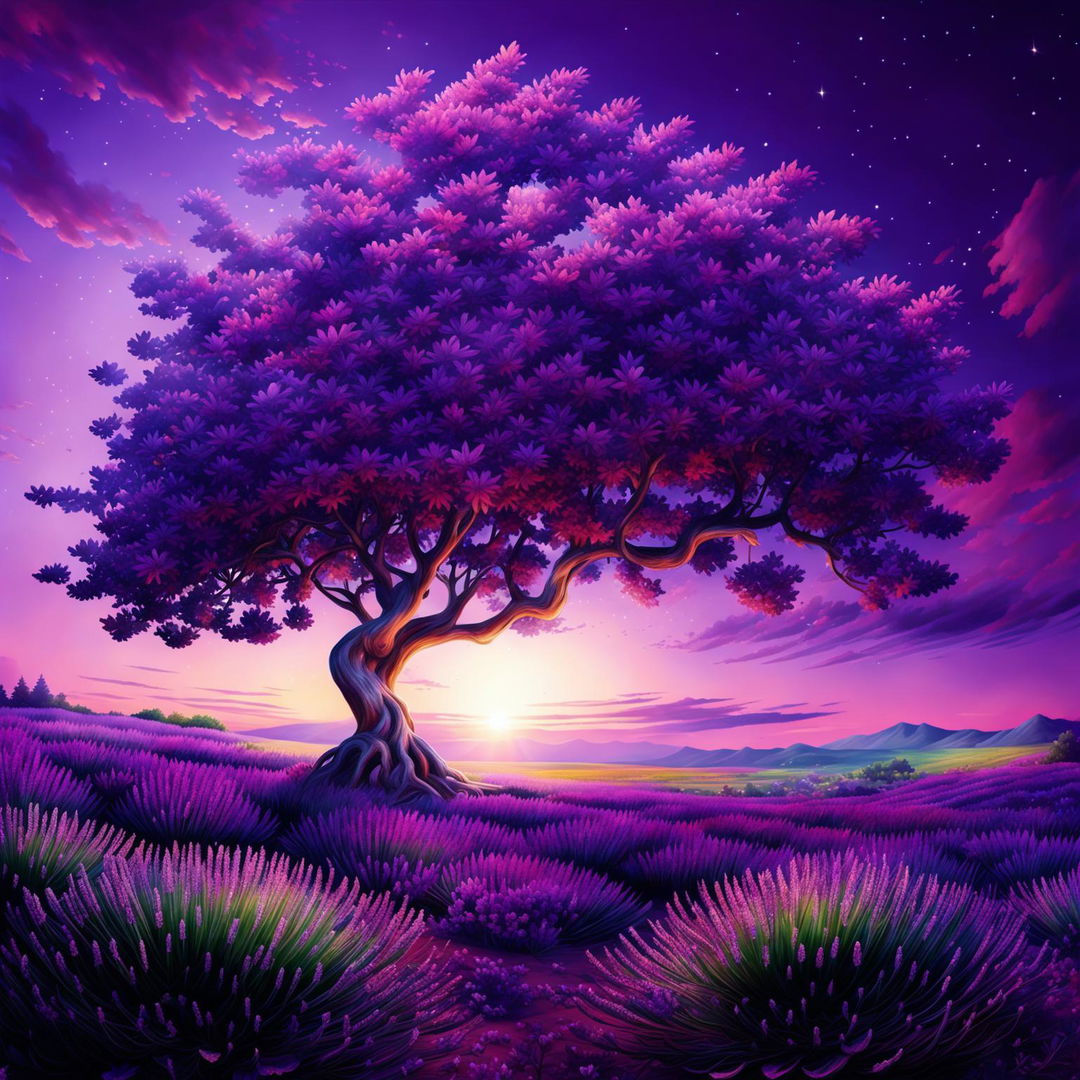 A high-quality digital art image featuring a beautiful purple tree on a hill, surrounded by a field of lavender flowers under a twilight sky