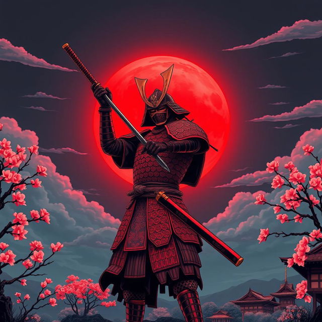 A detailed depiction of a traditional samurai standing boldly in front of a full red moon, capturing the essence of Japanese art style