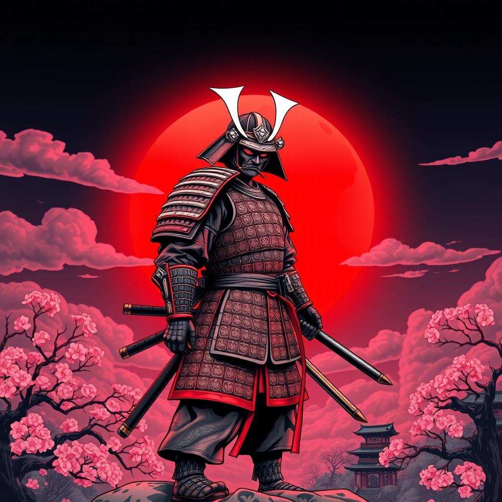 A detailed depiction of a traditional samurai standing boldly in front of a full red moon, capturing the essence of Japanese art style