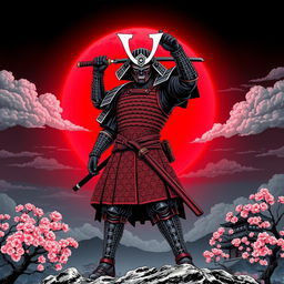 A detailed depiction of a traditional samurai standing boldly in front of a full red moon, capturing the essence of Japanese art style