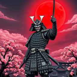 A detailed depiction of a traditional samurai standing boldly in front of a full red moon, capturing the essence of Japanese art style