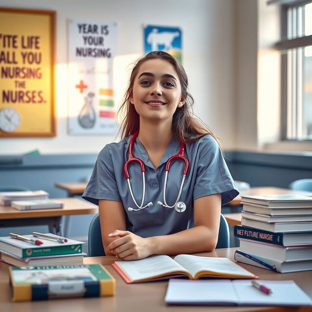 A young university student sitting at a desk, surrounded by nursing textbooks and medical supplies, looking hopeful and determined