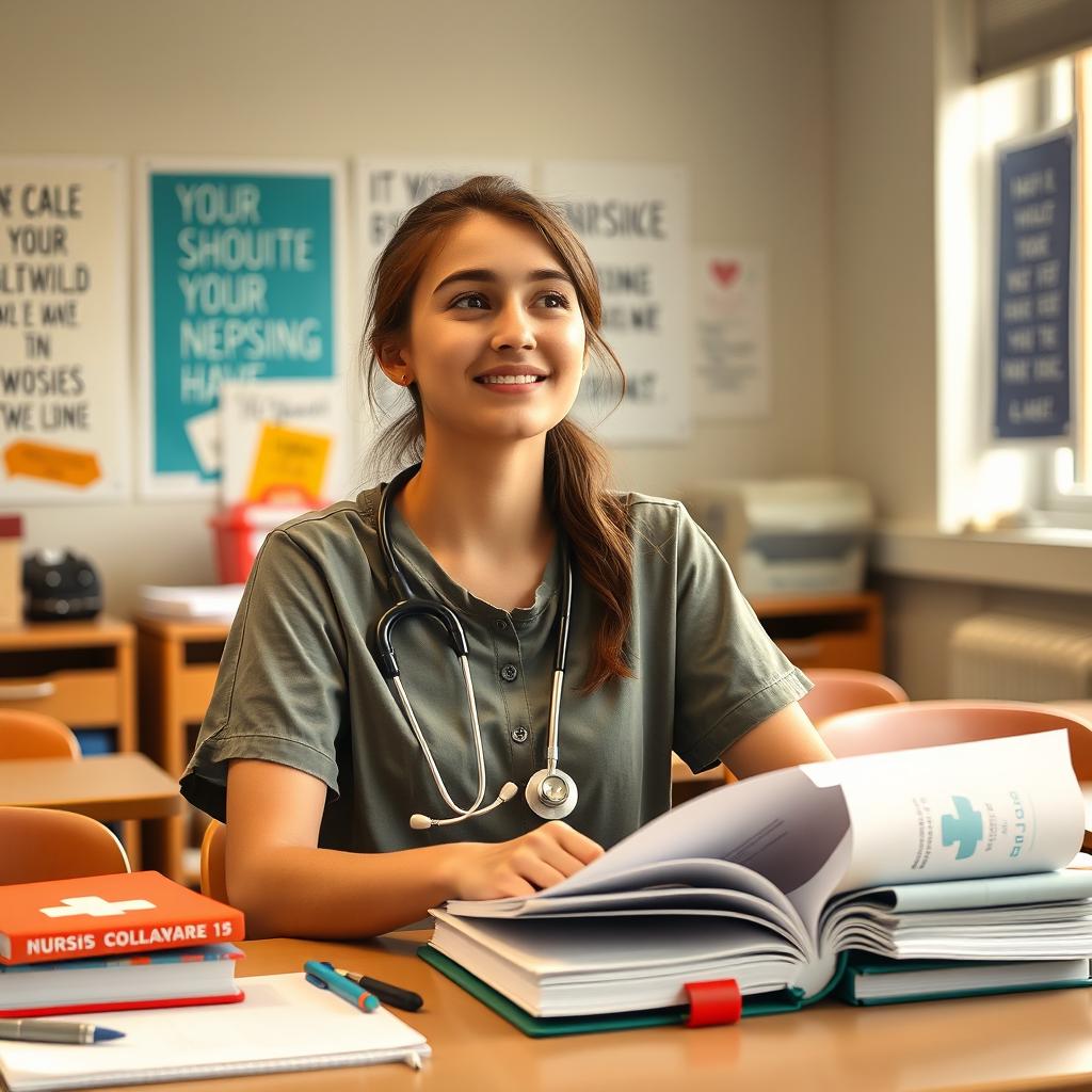 A young university student sitting at a desk, surrounded by nursing textbooks and medical supplies, looking hopeful and determined