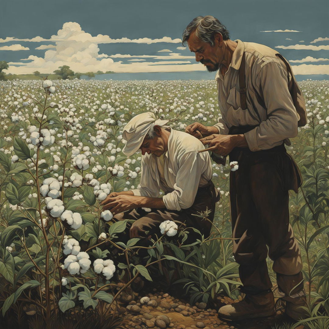 A high-quality digital painting depicting a man laboring in cotton fields under the watchful eye of another man on horseback