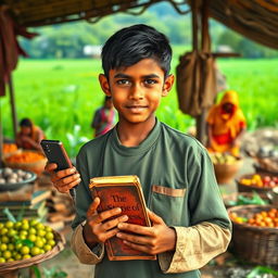 A scene depicting a rural village in Bangladesh, showcasing a young boy named Rakib, who symbolizes hope and determination