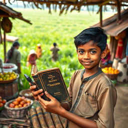 A scene depicting a rural village in Bangladesh, showcasing a young boy named Rakib, who symbolizes hope and determination