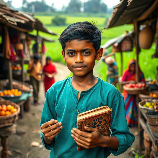 A scene depicting a rural village in Bangladesh, showcasing a young boy named Rakib, who symbolizes hope and determination