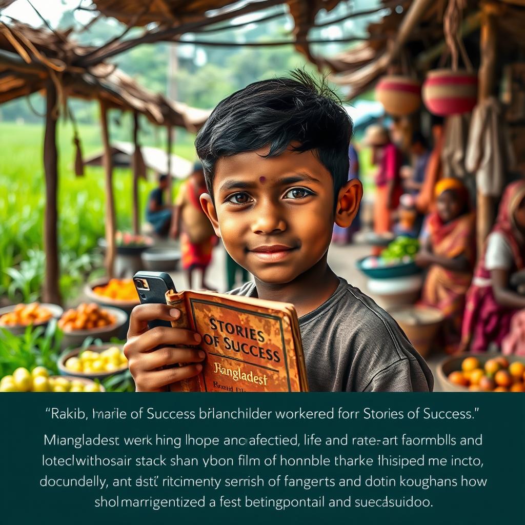 A scene depicting a rural village in Bangladesh, showcasing a young boy named Rakib, who symbolizes hope and determination