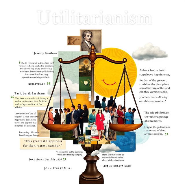 An artistic collage representing the philosophy of Utilitarianism, showcasing key elements of the consequential ethical framework