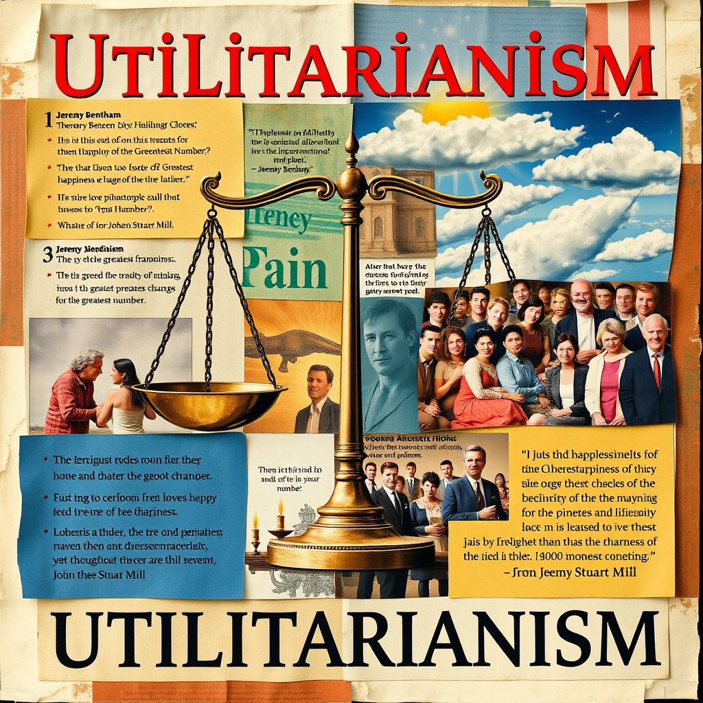 An artistic collage representing the philosophy of Utilitarianism, showcasing key elements of the consequential ethical framework