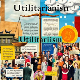 An artistic collage representing the philosophy of Utilitarianism, showcasing key elements of the consequential ethical framework