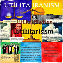 An artistic collage representing the philosophy of Utilitarianism, showcasing key elements of the consequential ethical framework