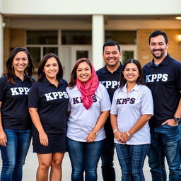 Four women and three men standing in a neat line wearing matching uniforms with the letters 'KPPS' boldly displayed on their shirts