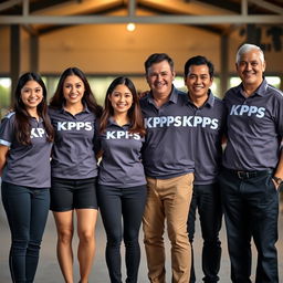 Four women and three men standing in a neat line wearing matching uniforms with the letters 'KPPS' boldly displayed on their shirts