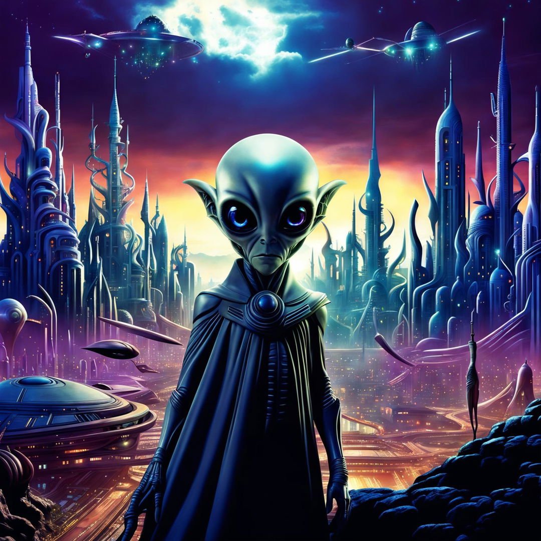 A high-quality digital art image depicting an alien race taking over civilization, showcasing towering alien figures, advanced technology, and a cityscape transforming under their influence