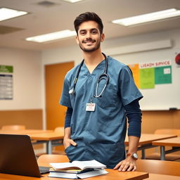 A male nursing student standing in a modern classroom setting, wearing scrubs and a stethoscope around his neck
