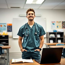 A male nursing student standing in a modern classroom setting, wearing scrubs and a stethoscope around his neck