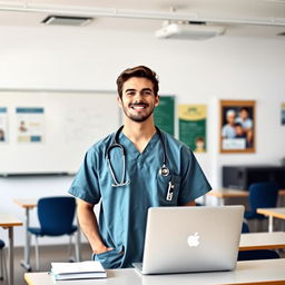 A male nursing student standing in a modern classroom setting, wearing scrubs and a stethoscope around his neck