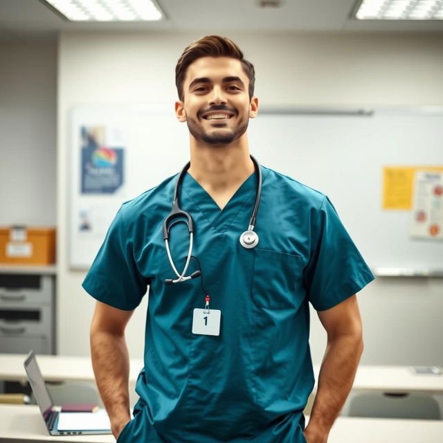 A male nursing student standing in a modern classroom setting, wearing scrubs and a stethoscope around his neck