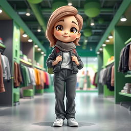 A beautiful, large cartoon model wearing loose basic pants, a puffy jacket, a small backpack, and a scarf