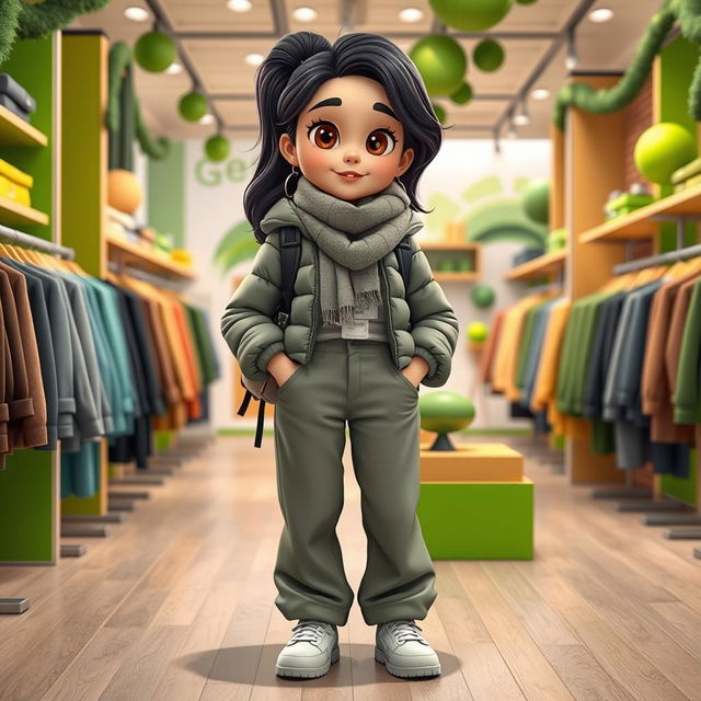 A beautiful, large cartoon model wearing loose basic pants, a puffy jacket, a small backpack, and a scarf