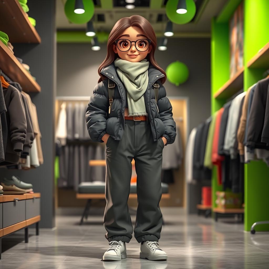 A beautiful, large cartoon model wearing loose basic pants, a puffy jacket, a small backpack, and a scarf