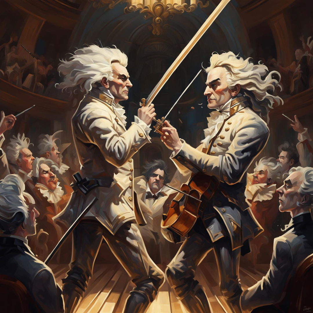 A high-quality digital painting depicting a musical duel between Mozart and Beethoven in a grand concert hall