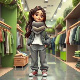 A beautiful, large cartoon model wearing loose basic pants, a puffy jacket, a small backpack, and a scarf