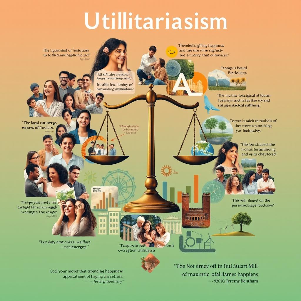 A vibrant collage representing the philosophy of Utilitarianism, showcasing a balanced scale symbolizing ethical decision-making, surrounded by images of diverse people helping each other, symbols of happiness such as smiling faces and joyful gatherings, and representations of various outcomes like graphs depicting positive societal impacts