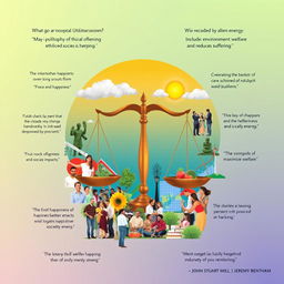 A vibrant collage representing the philosophy of Utilitarianism, showcasing a balanced scale symbolizing ethical decision-making, surrounded by images of diverse people helping each other, symbols of happiness such as smiling faces and joyful gatherings, and representations of various outcomes like graphs depicting positive societal impacts