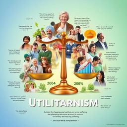 A vibrant collage representing the philosophy of Utilitarianism, showcasing a balanced scale symbolizing ethical decision-making, surrounded by images of diverse people helping each other, symbols of happiness such as smiling faces and joyful gatherings, and representations of various outcomes like graphs depicting positive societal impacts