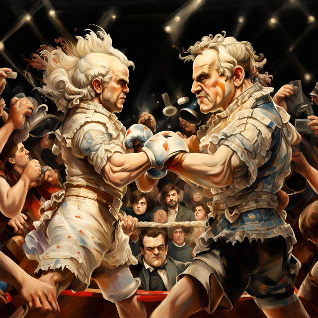 A high-quality digital painting depicting Mozart and Beethoven in an MMA match, their classical features adapted to the modern setting