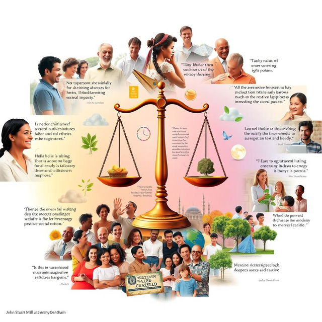 A vibrant collage representing the philosophy of Utilitarianism, showcasing a balanced scale symbolizing ethical decision-making, surrounded by images of diverse people helping each other, symbols of happiness such as smiling faces and joyful gatherings, and representations of various outcomes like graphs depicting positive societal impacts