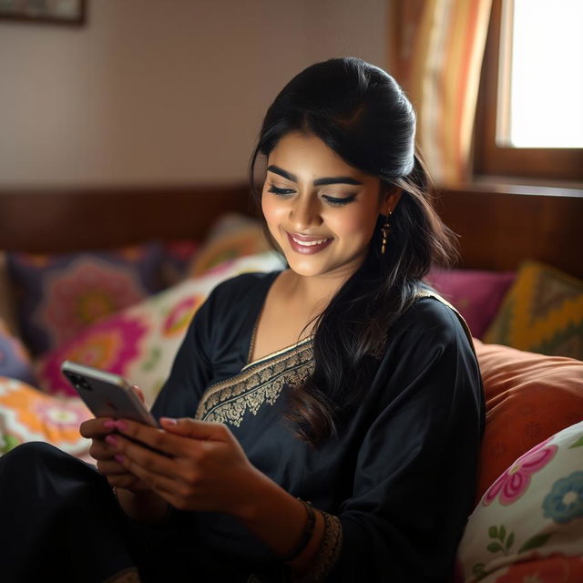 A young Indian woman wearing a black salwar kameez, sitting in bed with a slight blush on her cheeks as she watches her mobile phone