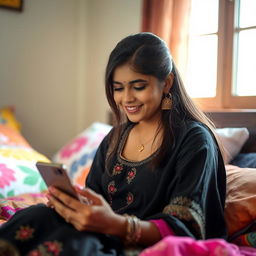 A young Indian woman wearing a black salwar kameez, sitting in bed with a slight blush on her cheeks as she watches her mobile phone