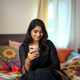 A young Indian woman wearing a black salwar kameez, sitting in bed with a slight blush on her cheeks as she watches her mobile phone