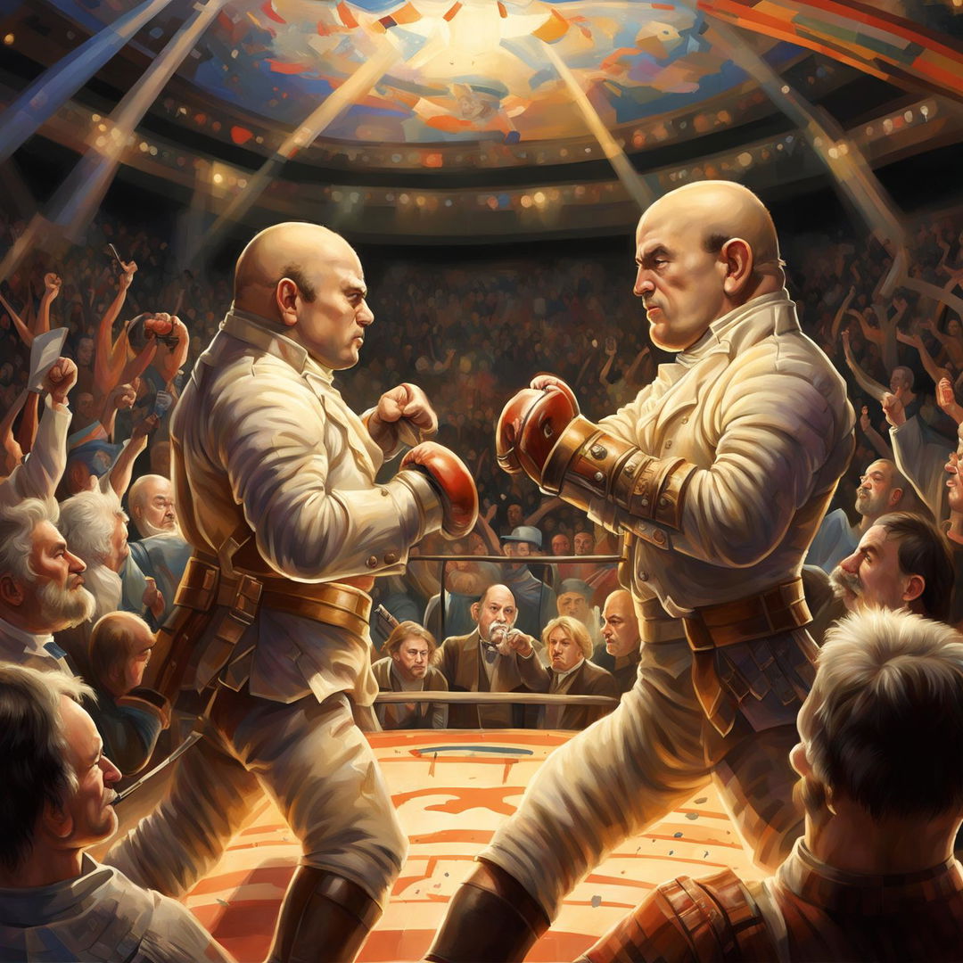 A high-quality digital painting depicting an MMA match between Mozart and Beethoven, with UFC president Dana White announcing the match