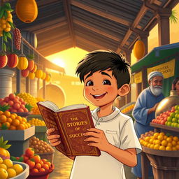 A heartwarming illustration of a young boy named Rakib, standing joyfully in a bustling village market after school