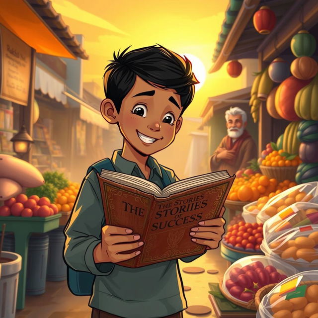 A heartwarming illustration of a young boy named Rakib, standing joyfully in a bustling village market after school