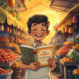 A heartwarming illustration of a young boy named Rakib, standing joyfully in a bustling village market after school