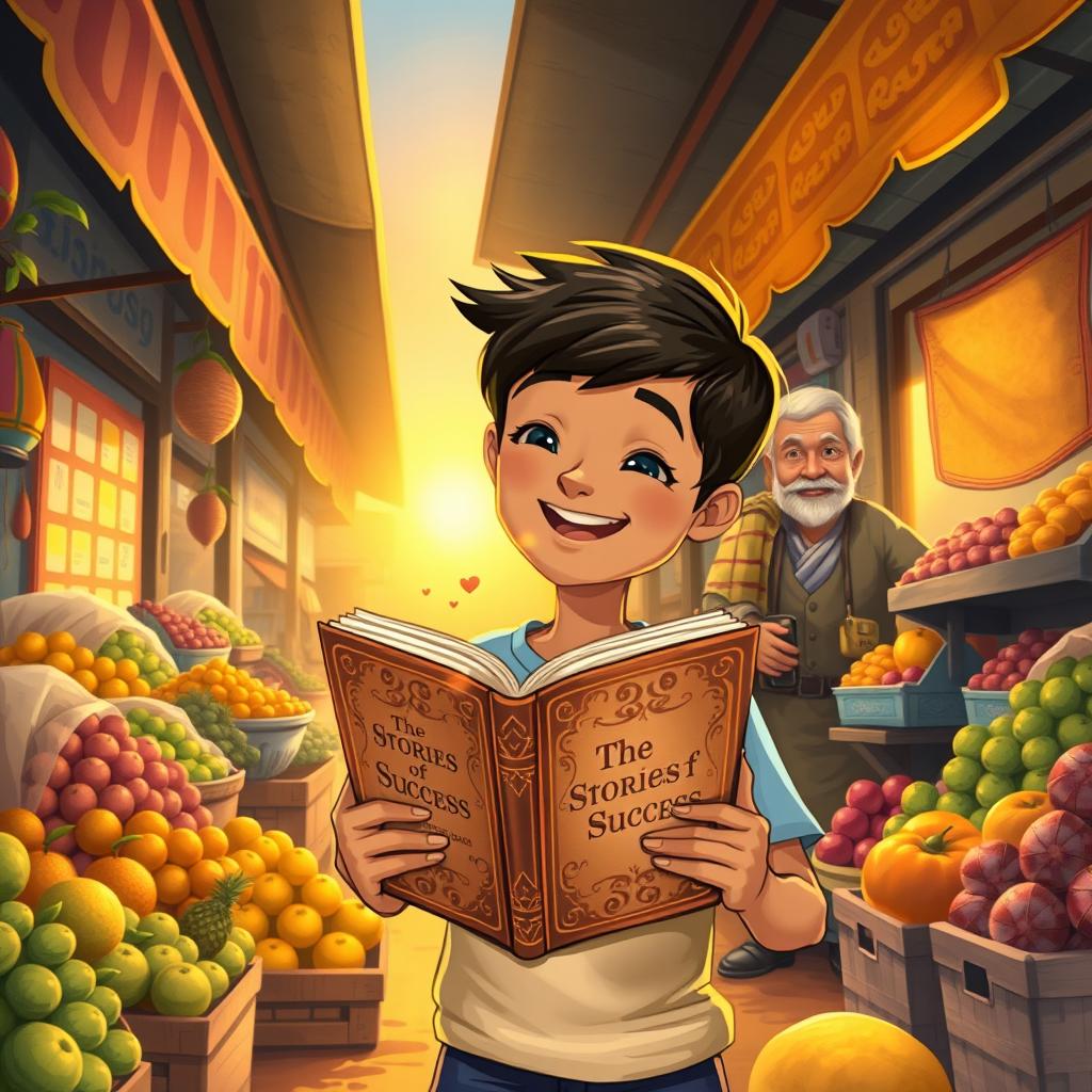 A heartwarming illustration of a young boy named Rakib, standing joyfully in a bustling village market after school