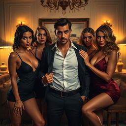 An intense and intriguing scene depicting an adult male surrounded by alluring, confident women who are expressing an unexpected attraction towards him