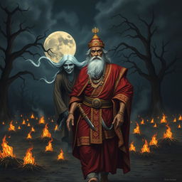 An ancient Indian king wearing luxurious royal attire consisting of a rich red and gold robe, a small ornate crown adorning his head, and a traditional sword hanging at his waist