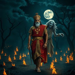 An ancient Indian king wearing luxurious royal attire consisting of a rich red and gold robe, a small ornate crown adorning his head, and a traditional sword hanging at his waist