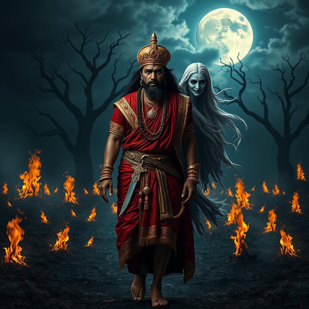 An ancient Indian king wearing luxurious royal attire consisting of a rich red and gold robe, a small ornate crown adorning his head, and a traditional sword hanging at his waist